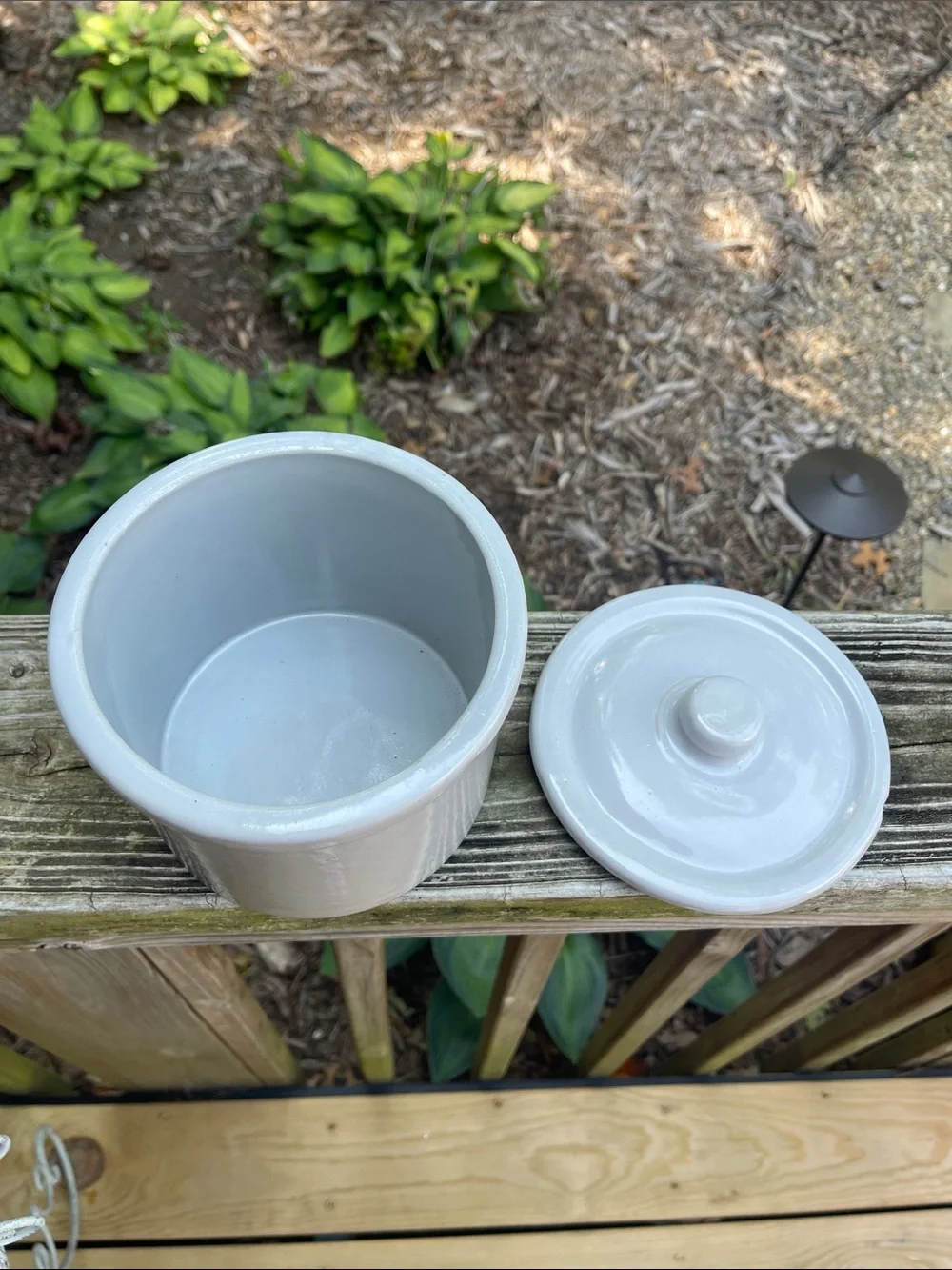 Vintage Grey Stoneware Snacks Crock Blue Floral